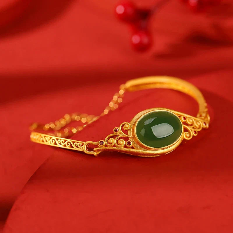 Pure silver bracelet with gilded jasper auspicious cloud design, inspired by traditional Chinese style