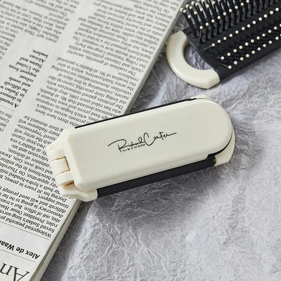 Compact, folding hairbrush with mirror and massage comb - a versatile grooming accessory for modern women