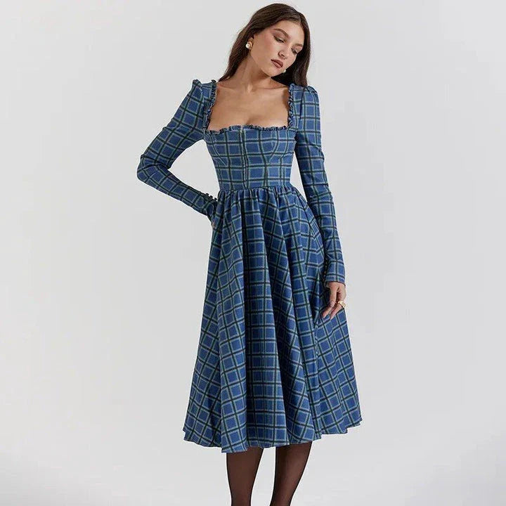 Elegant plaid A-line midi dress with square collar, backless design, and empire waistline