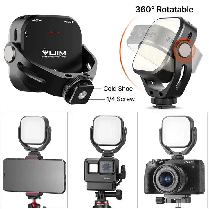 Adjustable bi-colour LED video light with 360-degree rotation bracket, rechargeable and portable fill light for DSLR, SLR and mobile devices