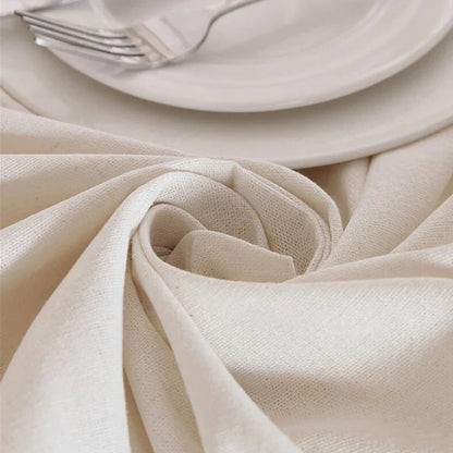 Elegant polyester linen tablecloth with delicate lace edging, available in various sizes for a sophisticated dining experience.