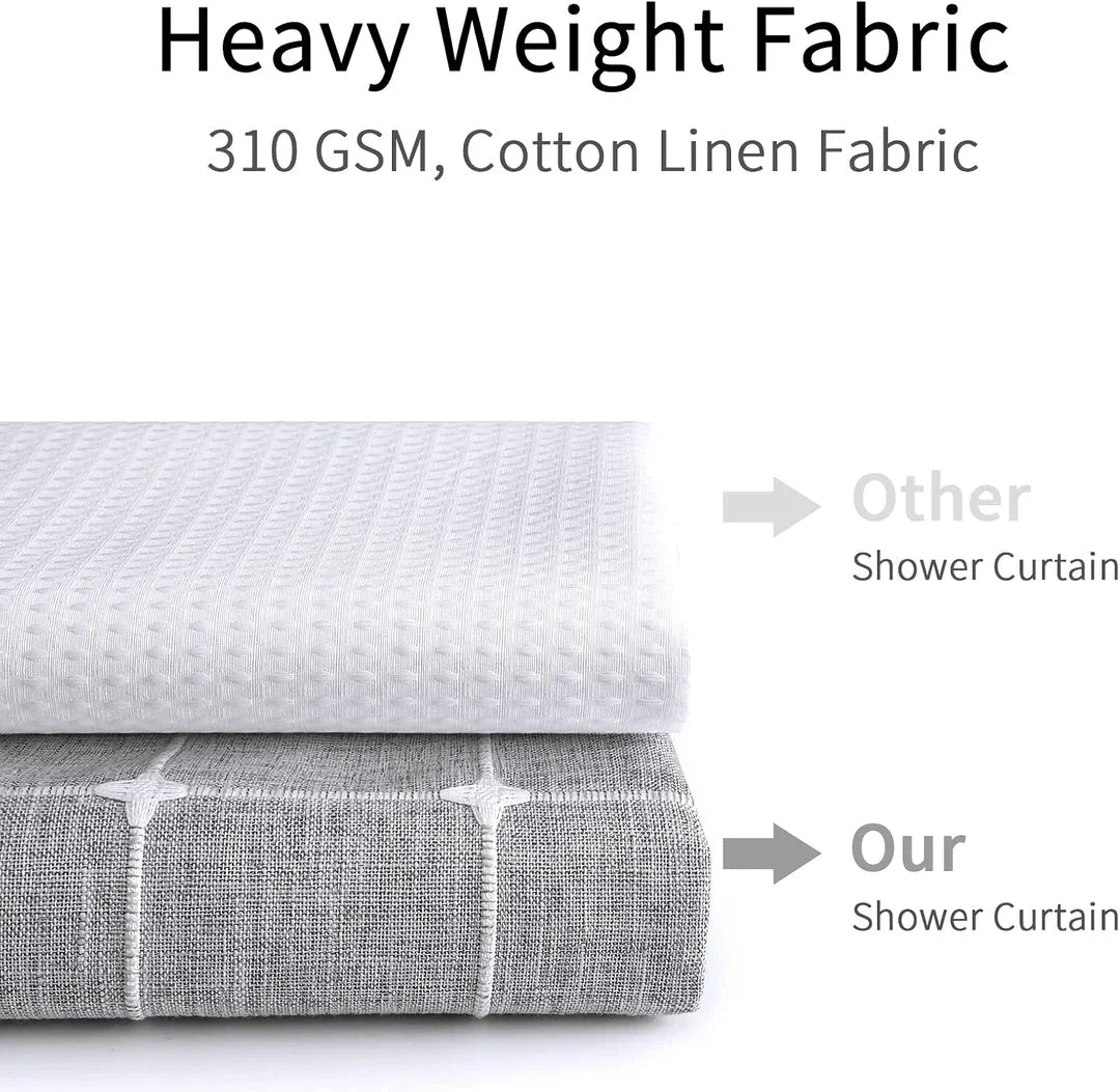 Elegant jacquard linen shower curtain with a geometric pattern and charming tassel accents, available in multiple sizes and colours for a premium bathroom upgrade.