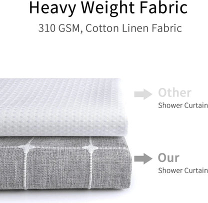Elegant jacquard linen shower curtain with a geometric pattern and charming tassel accents, available in multiple sizes and colours for a premium bathroom upgrade.