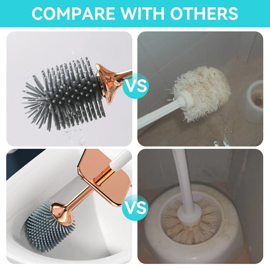 Elegant silicone toilet brush and holder set in black and white with rose gold accents, designed for modern bathroom cleaning