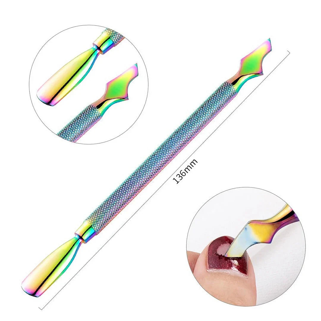 Chameleon Rainbow Dual-Ended Stainless Steel Cuticle Pusher for Salon-Quality Manicure at Home