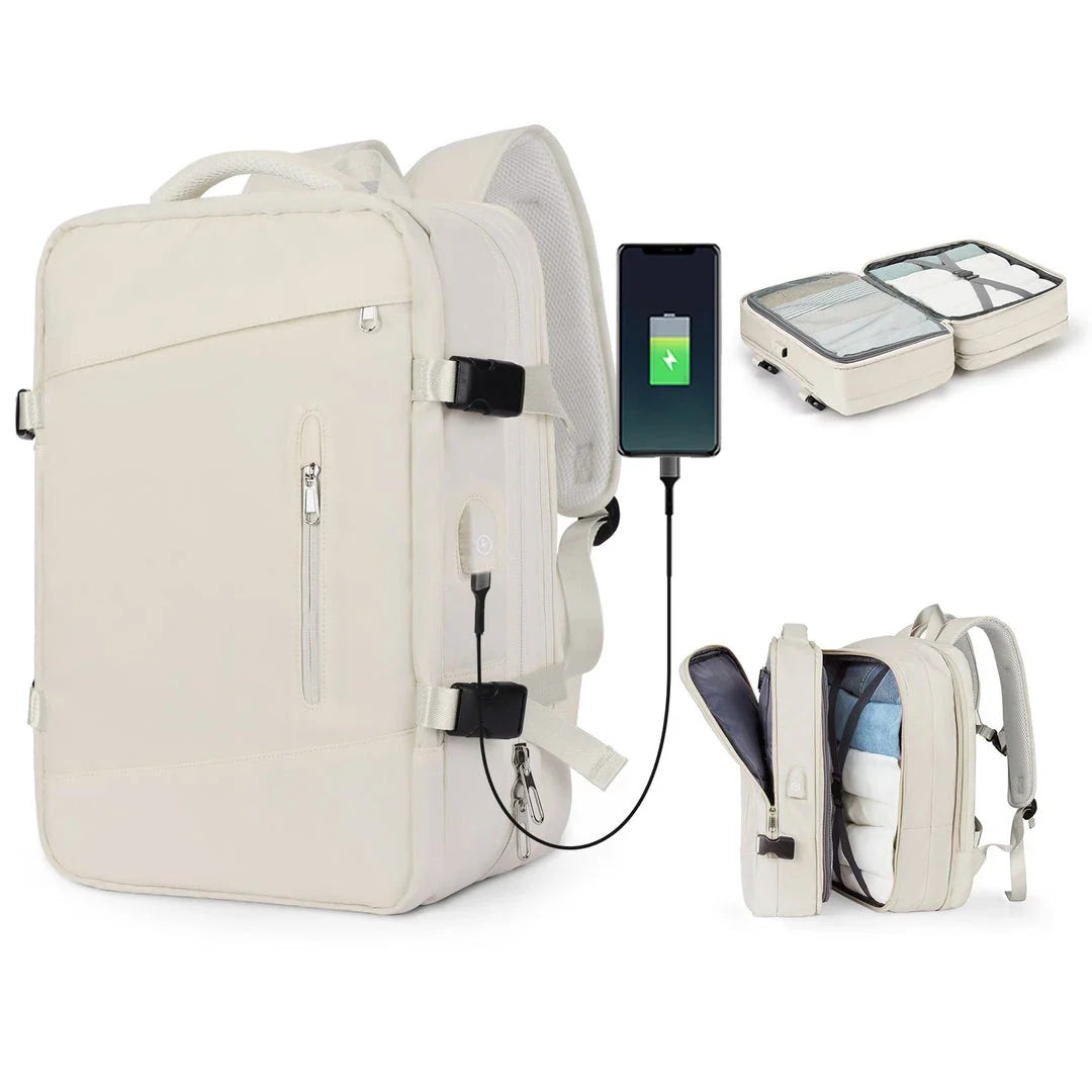 Expandable travel laptop backpack with multiple compartments and water-resistant nylon construction