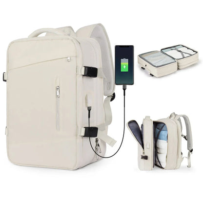 Expandable travel laptop backpack with multiple compartments and water-resistant nylon construction