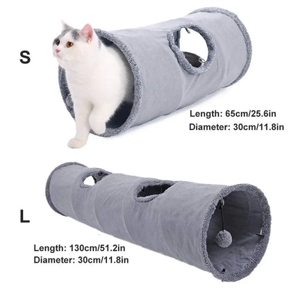 Collapsible cat tunnel made of crinkle suede with a peek hole, designed for cat play and exploration