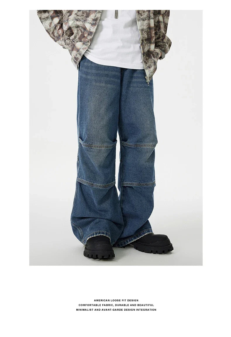 Men's overalls in retro blue denim with zipper fly and comfortable mid-waist design