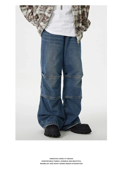 Men's overalls in retro blue denim with zipper fly and comfortable mid-waist design