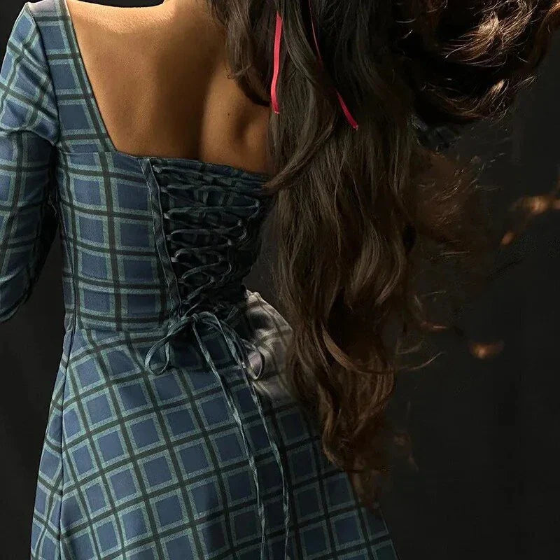 Elegant plaid A-line midi dress with square collar, backless design, and empire waistline