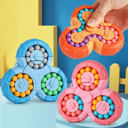 A vibrant, colourful fingertip puzzle cube with a unique rotating mechanism designed to challenge the mind and relieve stress.