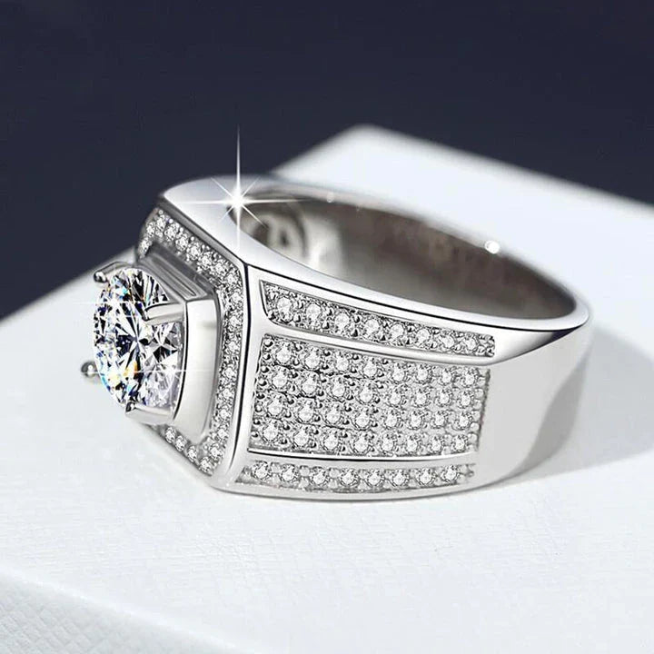 Elegant 2-carat diamond inlaid men's ring with a sleek, geometric design and adjustable fit