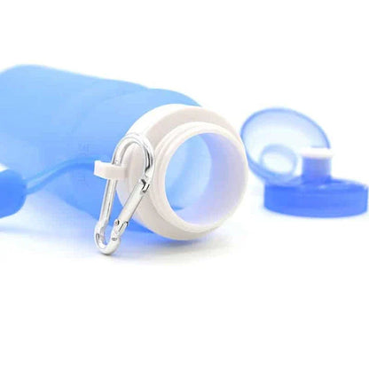 Collapsible silicone water bottle in blue colour, featuring a large 600 ml capacity and a compact, foldable design for easy storage and transport.