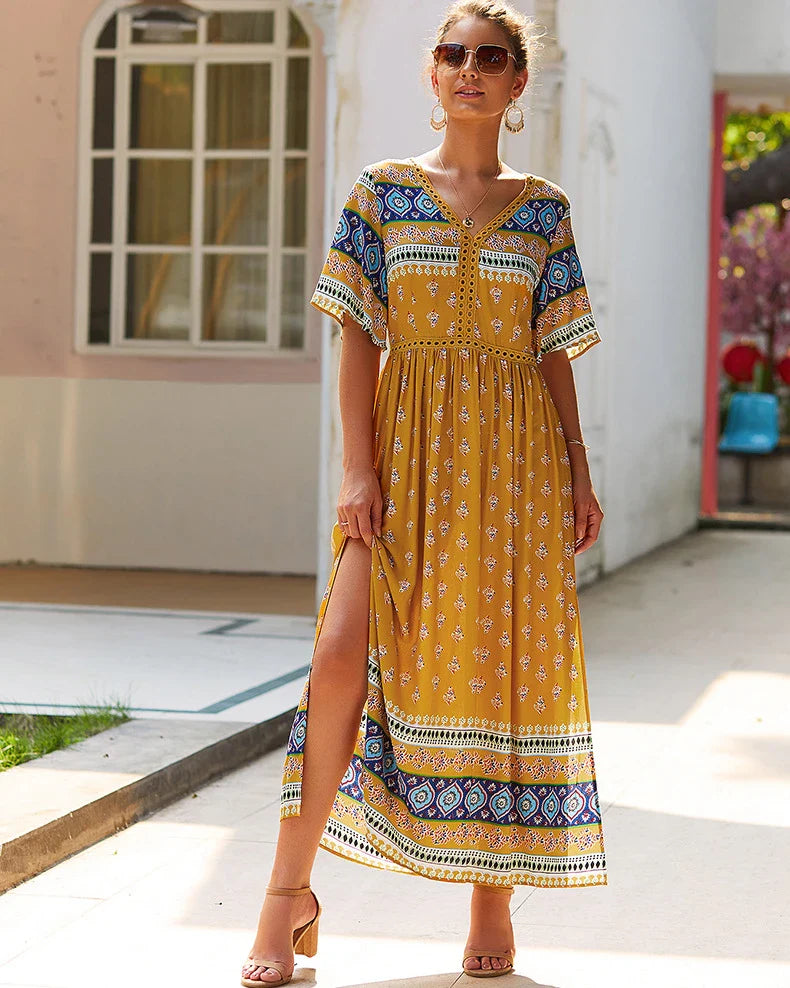Elegant Bohemian-inspired autumn dress in vibrant yellow, made from premium cotton for a soft and comfortable feel.