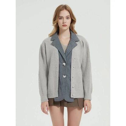 Coveted Autumn Patchwork Knit Cardigan in Khaki, featuring a unique patchwork design and classic turn-down collar