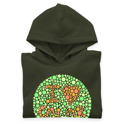A cosy and flexible kids' hoodie with a colour-blind test design, made with premium Airlume cotton and eco-friendly practices.