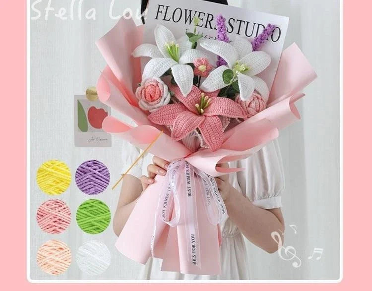 Handcrafted bridal bouquet in a delicate pink hue, featuring intricate crochet and hand-woven design