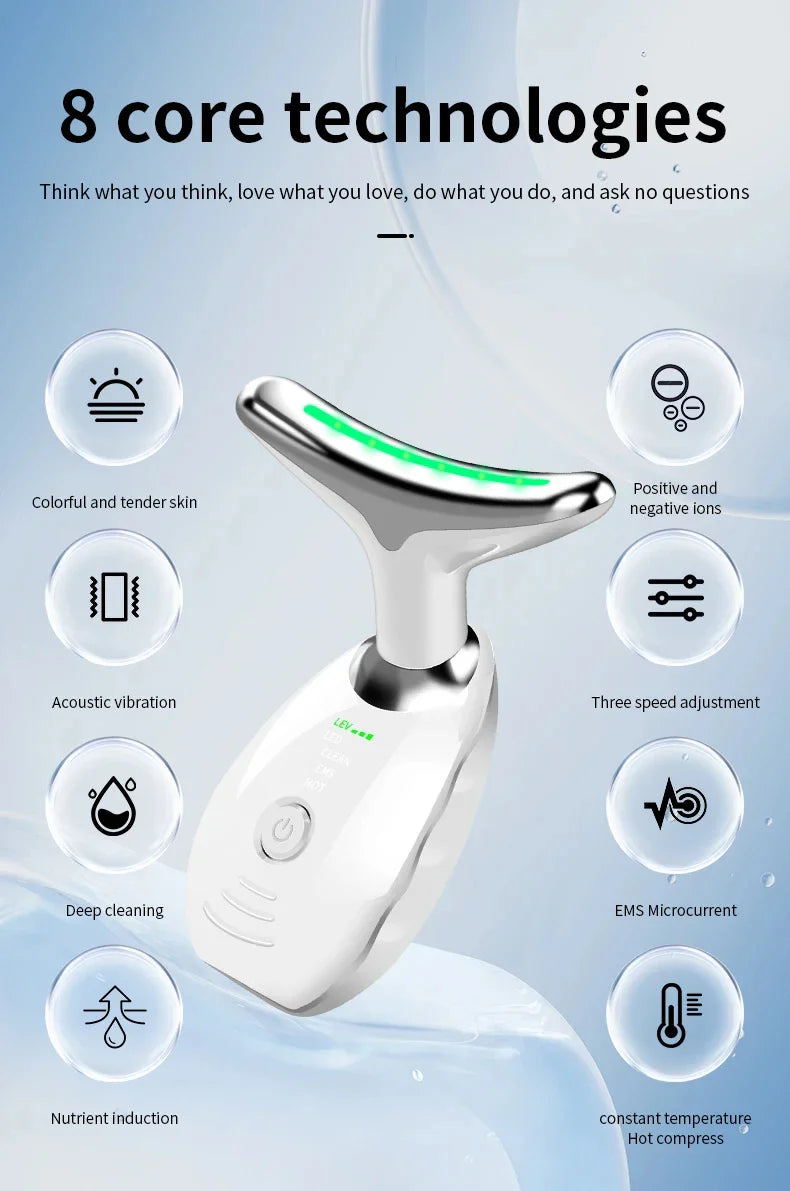 Neck and Face Beauty Device with Colorful LED Photon Therapy for Skin Tightening, Wrinkle Reduction and Double Chin Removal