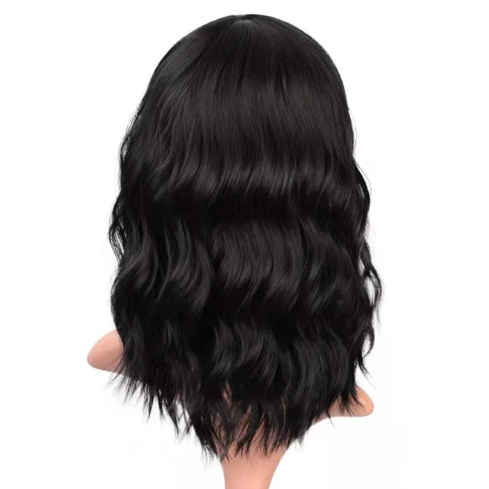 Elegant curly wig with soft bangs, crafted with high-quality fibres for a natural, long-lasting look in a variety of stunning colours.