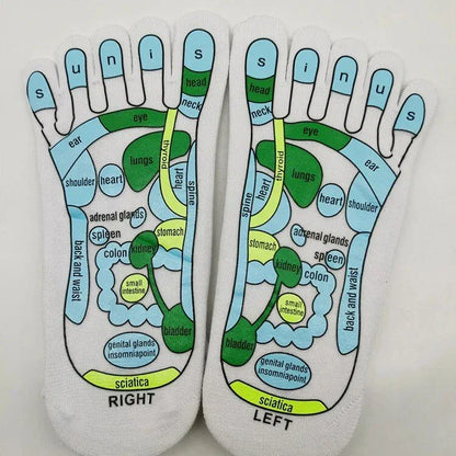 Premium acupressure massage reflexology socks in white with clear English illustrations for targeting pressure points