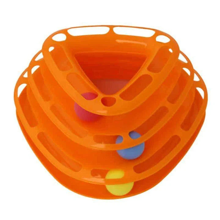 A yellow cat pyramid toy with colourful bouncing balls, designed to engage and entertain your feline companion