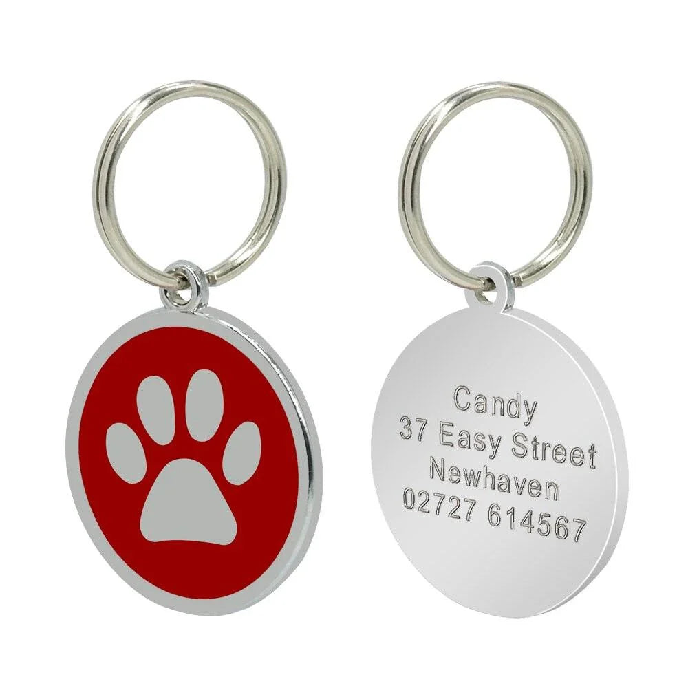 Customisable stainless steel pet ID tags in various colours, designed for identifying and protecting your beloved companion