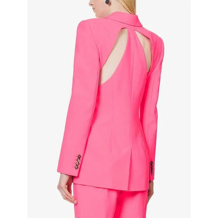 Elegant hollow-out two-piece blazer and trousers set for women, featuring a stylish design, premium materials, and a flattering fit.