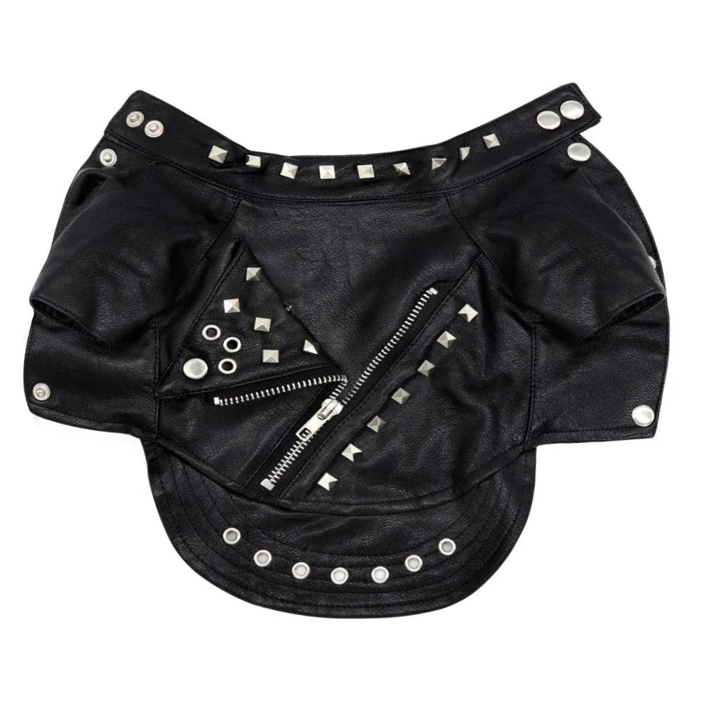 A black leather jacket designed for cats, featuring a sleek and stylish look to elevate your feline's fashion sense.