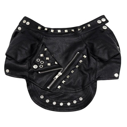 A black leather jacket designed for cats, featuring a sleek and stylish look to elevate your feline's fashion sense.