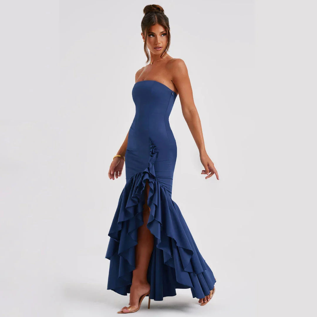 Captivating blue ruffled long dress with asymmetrical design and strapless neckline for elegant evening events