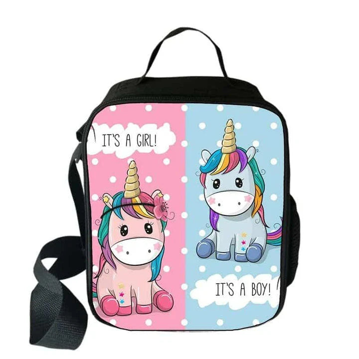 Cartoon unicorn printed lunch bag for children, featuring a vibrant design and durable polyester construction