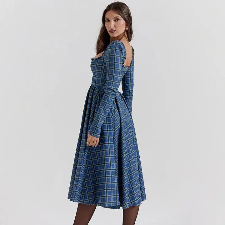 Elegant plaid A-line midi dress with square collar, backless design, and empire waistline