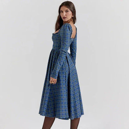 Elegant plaid A-line midi dress with square collar, backless design, and empire waistline