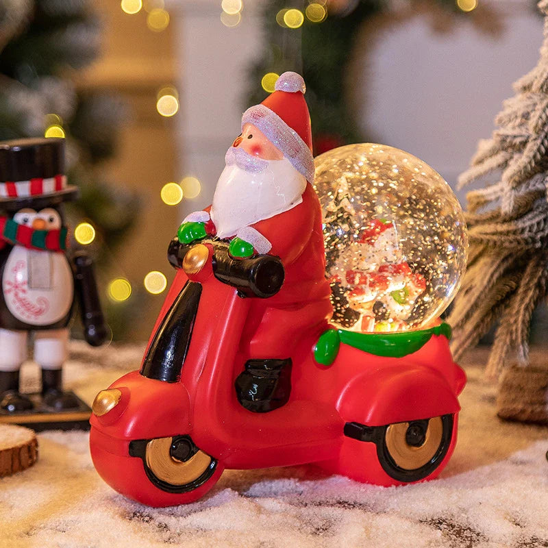 Festive music box Christmas ornaments with Santa Claus and snowman designs, creating a delightful holiday ambiance