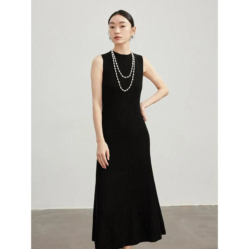 Elegant wool blend sleeveless dress in beige with a flattering fit-and-flare silhouette, perfect for autumn and winter wear