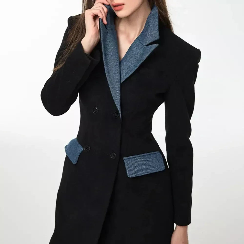 Elegant patchwork trench coat in black with contrast design, ideal for British autumn and winter