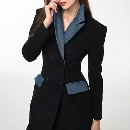 Elegant patchwork trench coat in black with contrast design, ideal for British autumn and winter