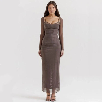 Elegant black sheer long sleeve maxi dress with a flattering H-profile silhouette, perfect for evening events and special occasions.
