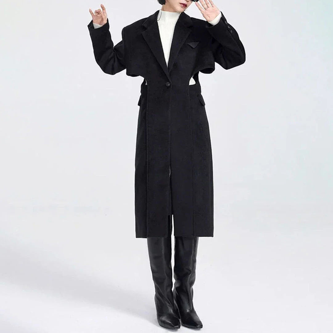 Elegant Autumn-Winter Woollen Overcoat with Waist Cut-Out Design - Premium Quality, Fashionable Silhouette, and Sophisticated Details
