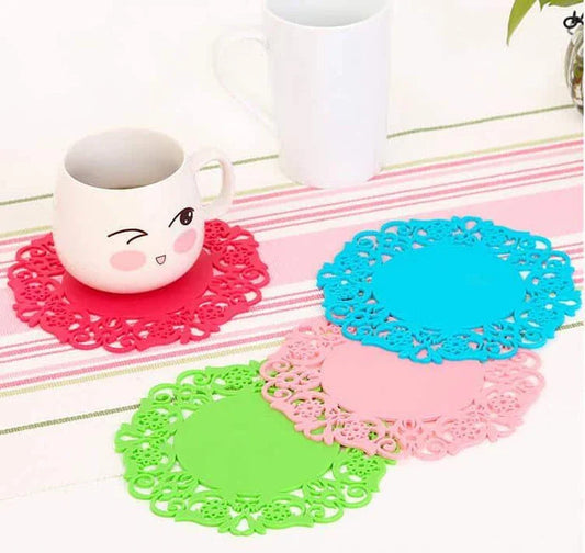 Trendha's premium Lace Silicone Coasters featuring a delicate lace pattern and heat-resistant design to protect your furniture in style.