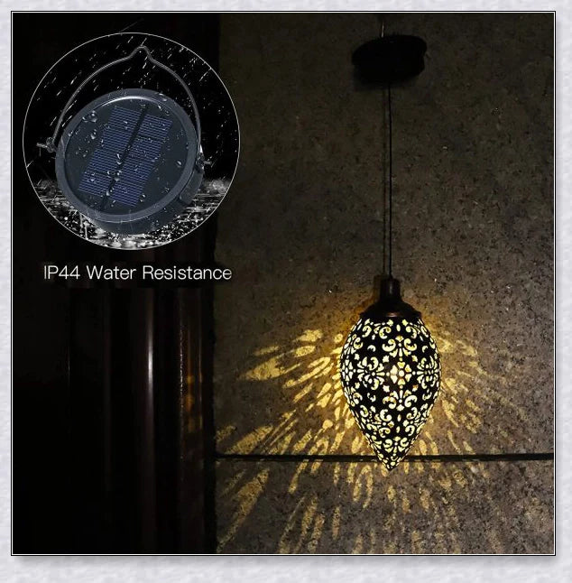 Decorative outdoor solar lanterns hanging in a lush garden, providing warm, ambient lighting