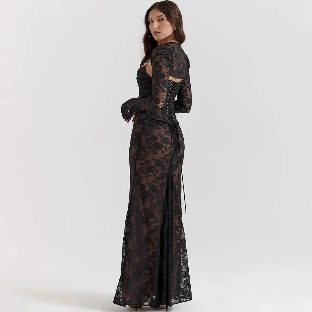 Elegant 2-Piece Lace Dress Set in Ivory, featuring a strap party dress and full sleeves outfit for formal occasions in the UK