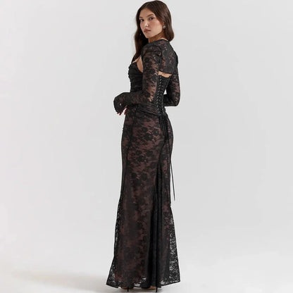 Elegant 2-Piece Lace Dress Set in Ivory, featuring a strap party dress and full sleeves outfit for formal occasions in the UK