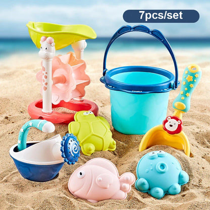Colourful and vibrant baby beach toy set with shovels, sand moulds, and a convenient carry bag