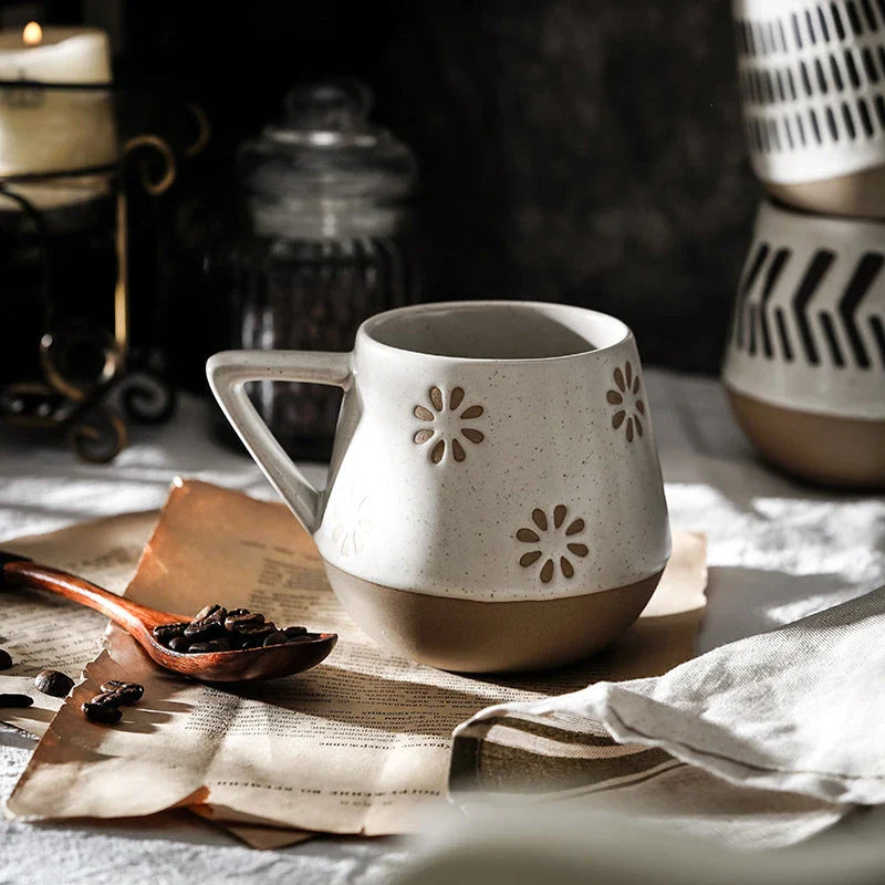 Unique hand-painted ceramic mug with retro Nordic design, featuring a large capacity and durable construction for everyday use