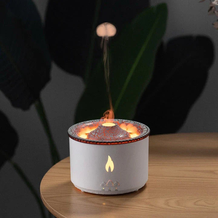 Elegant ultrasonic essential oil humidifier with flame and jellyfish-inspired lighting effects for relaxing ambiance