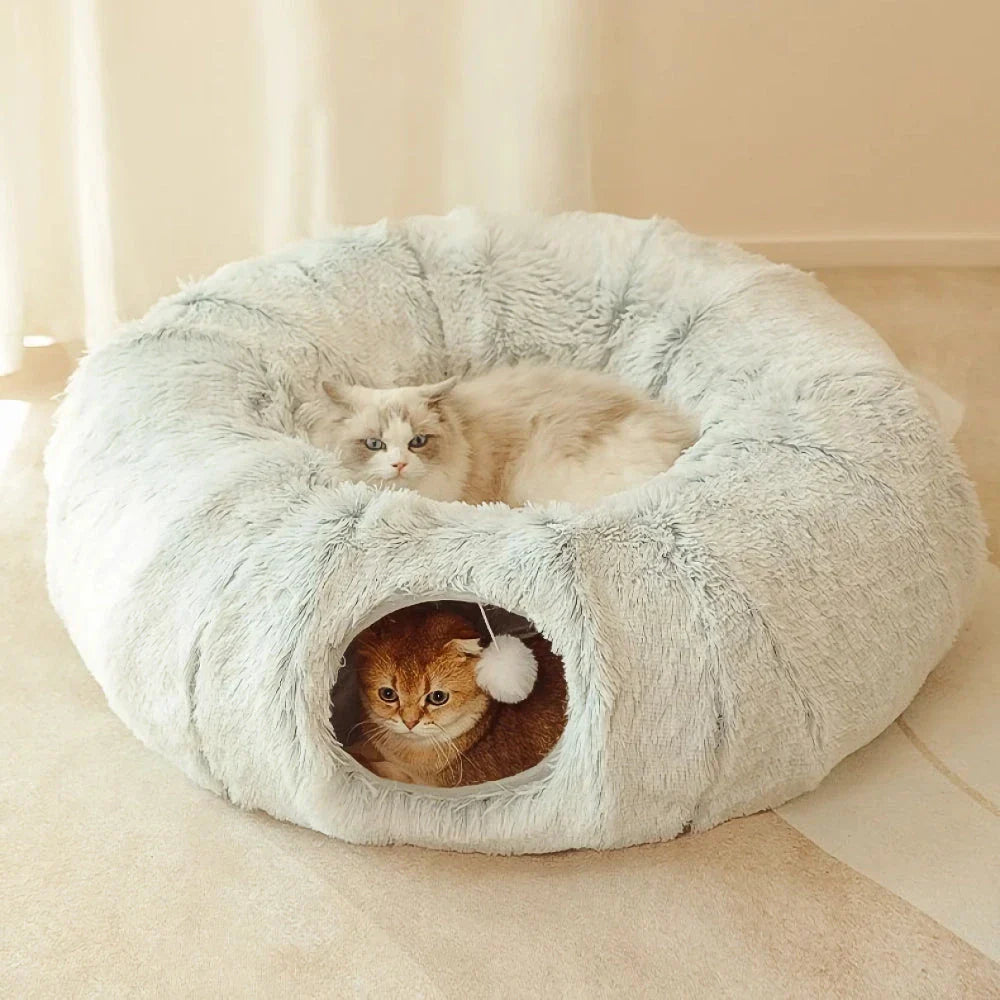 Cosy grey cat tunnel bed with plush cushion, providing a multifunctional and foldable retreat for indoor cats