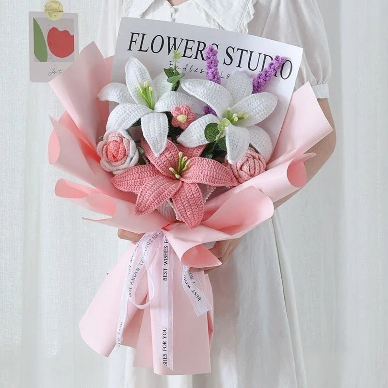 Handcrafted bridal bouquet in a delicate pink hue, featuring intricate crochet and hand-woven design