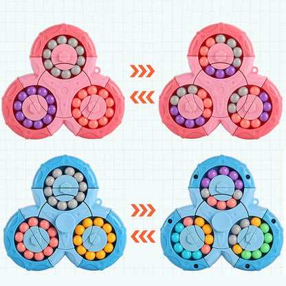 A vibrant, colourful fingertip puzzle cube with a unique rotating mechanism designed to challenge the mind and relieve stress.